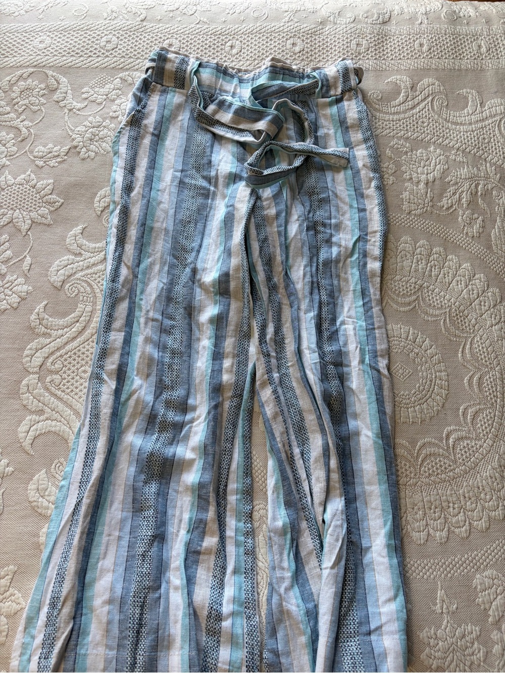 Indigo Rein Blue, White & Tan Striped linen wide leg pants tie waist Medium boho